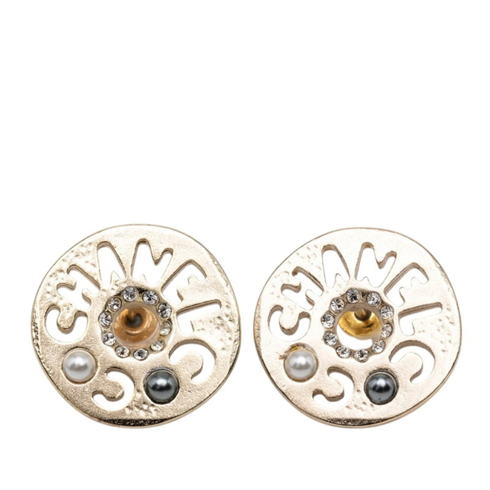 Chanel Logo Earrings A19C Gold Plated Faux Pearl Rhinestone Women's CHANEL